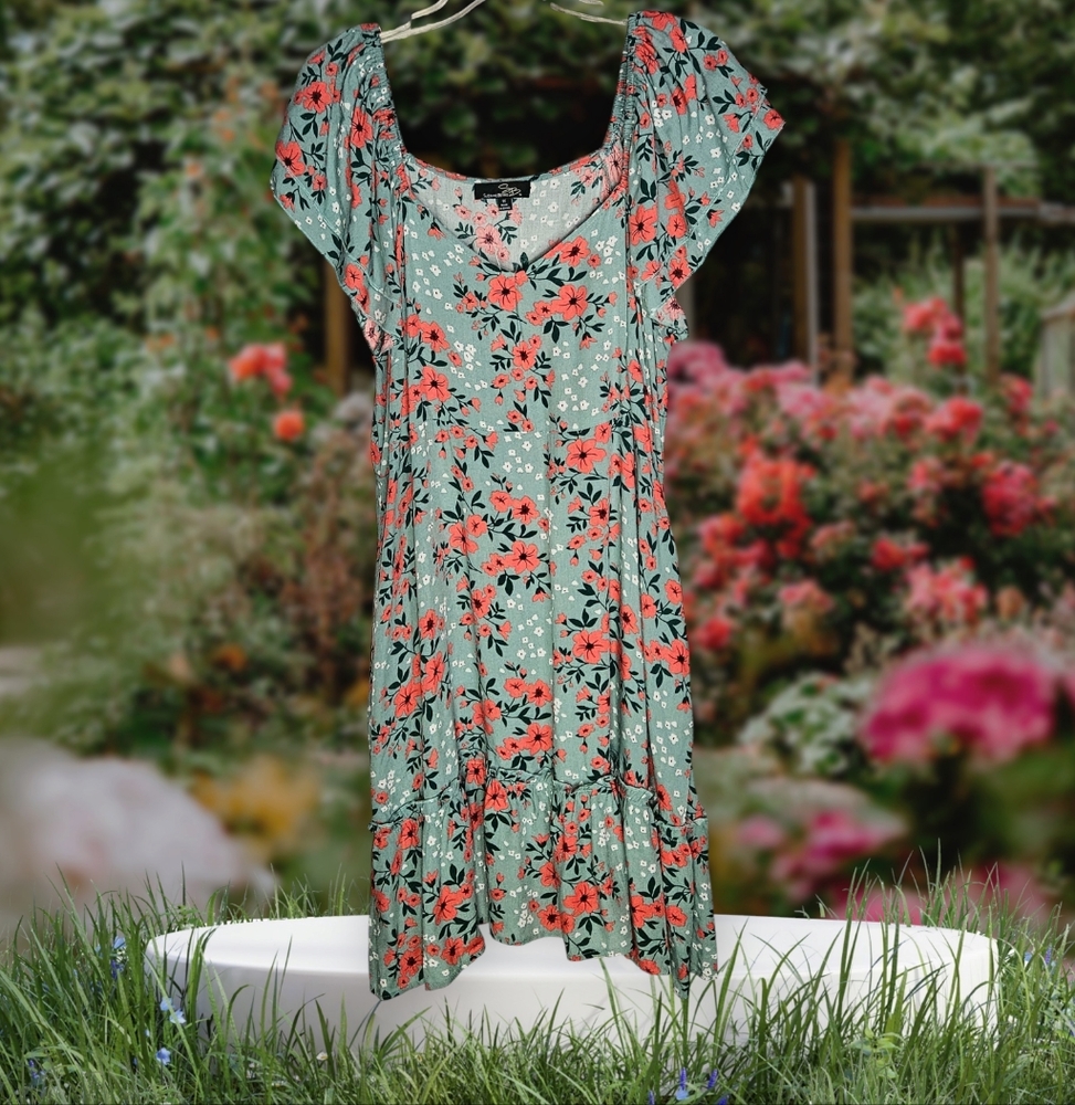 Suzanne Betro Mint/Coral Floral Sweetheart Neckline Off Shoulder Midi Dress-1X